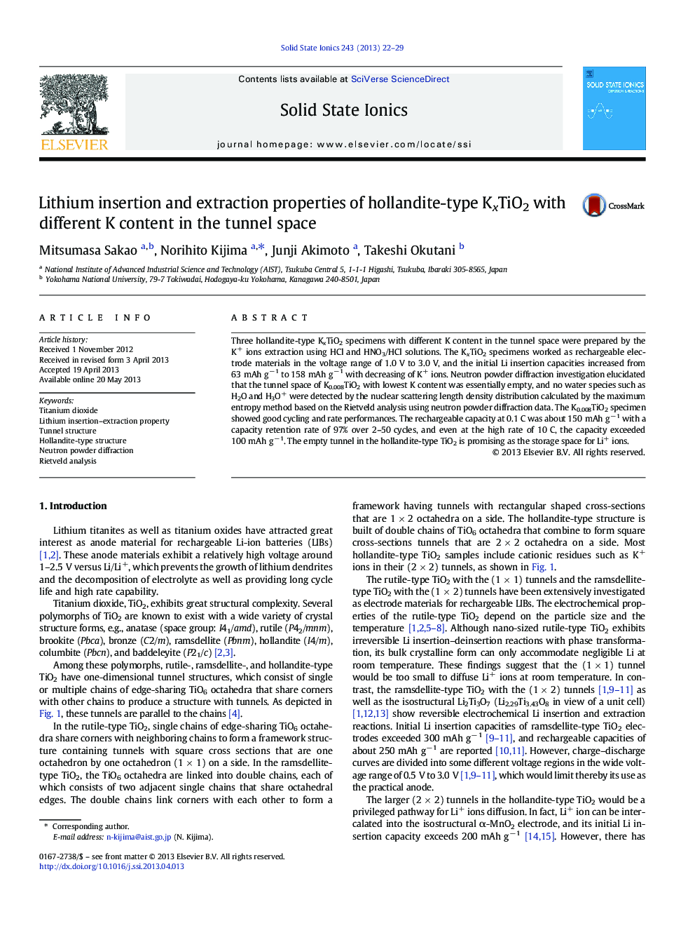 Lithium insertion and extraction properties of hollandite-type KxTiO2 with different K content in the tunnel space