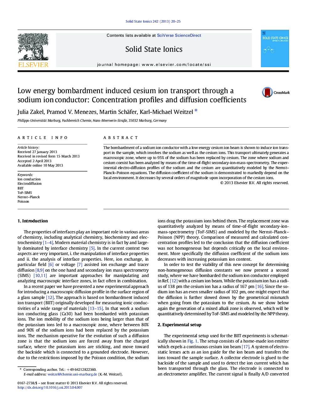 Low energy bombardment induced cesium ion transport through a sodium ion conductor: Concentration profiles and diffusion coefficients