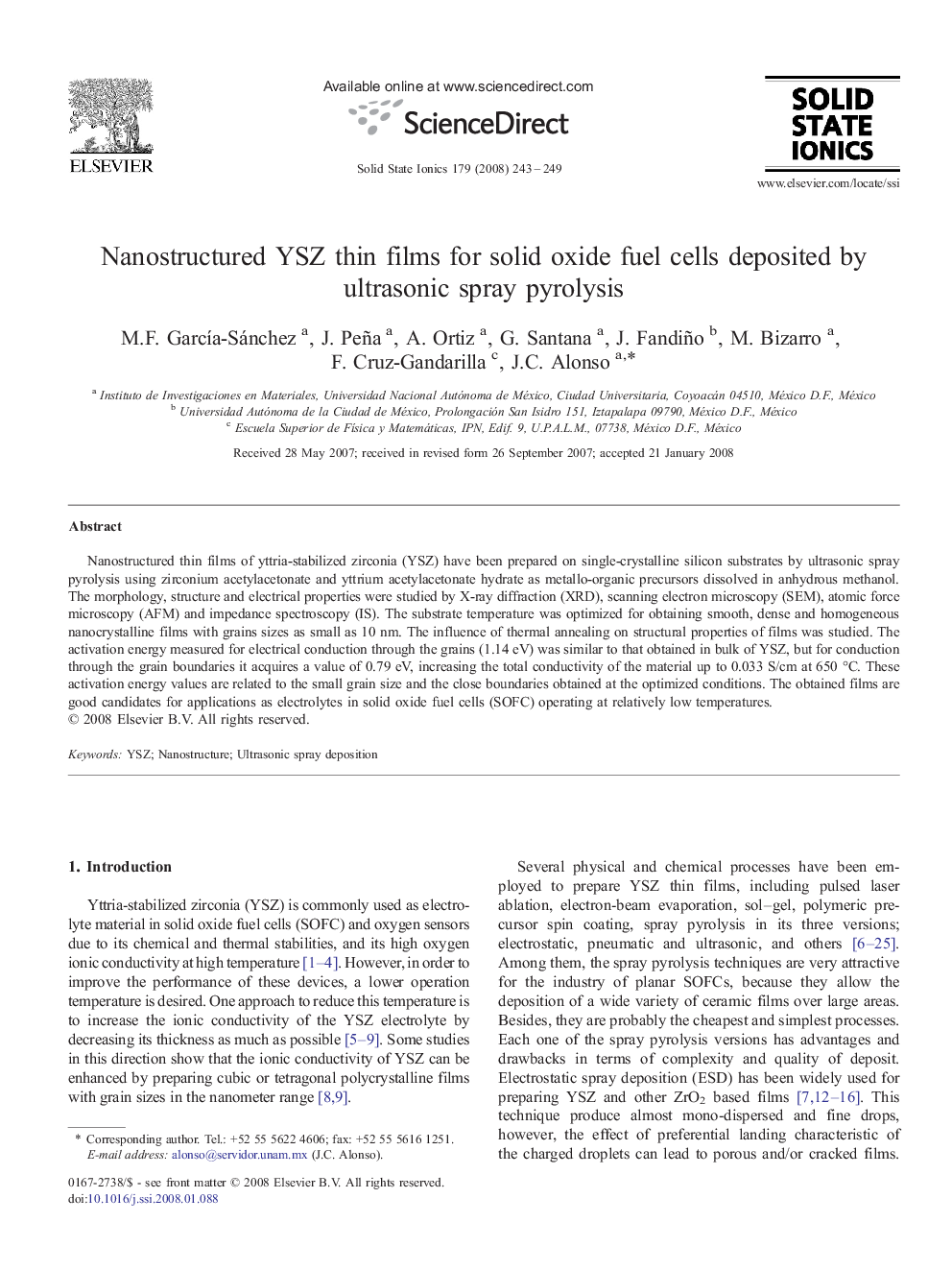 Nanostructured YSZ thin films for solid oxide fuel cells deposited by ultrasonic spray pyrolysis