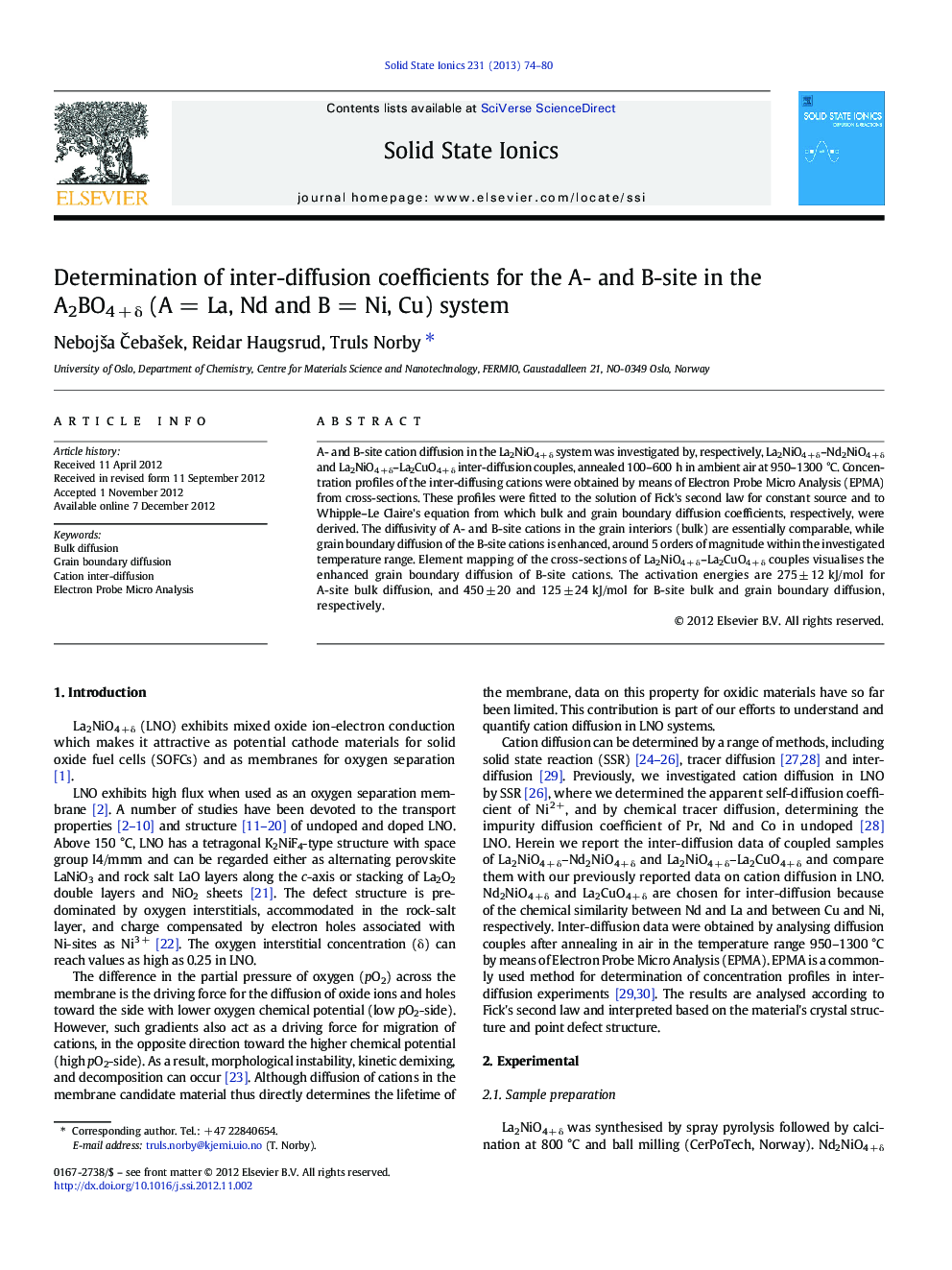 Determination of inter-diffusion coefficients for the A- and B-site in the A2BO4 + δ (A = La, Nd and B = Ni, Cu) system