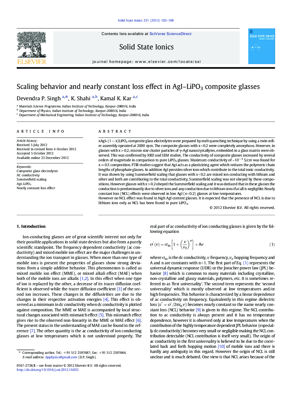 عکس صفحه اول مقاله: Scaling behavior and nearly constant loss effect in AgI–LiPO3 composite glasses Scaling behavior and nearly constant loss effect in AgI–LiPO3 composite glasses
