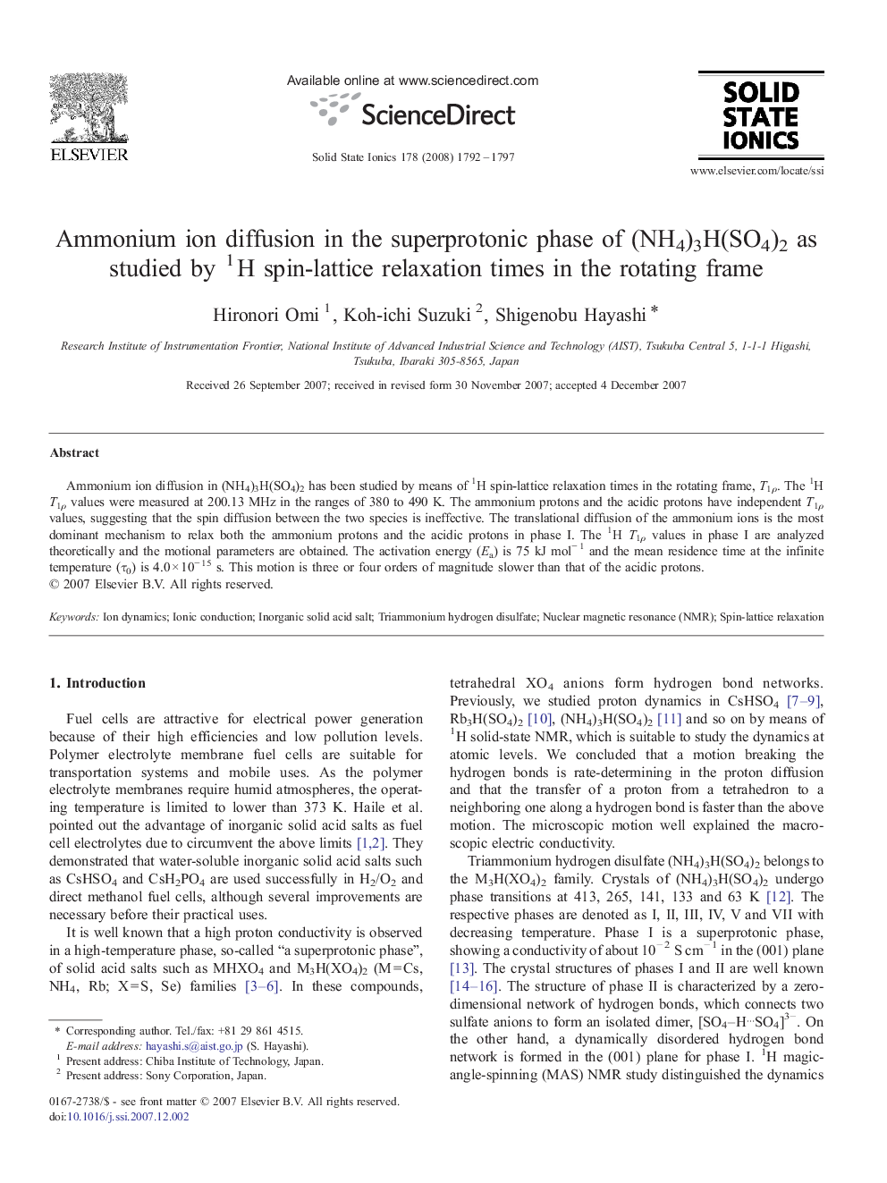 Ammonium ion diffusion in the superprotonic phase of (NH4)3H(SO4)2 as studied by 1H spin-lattice relaxation times in the rotating frame