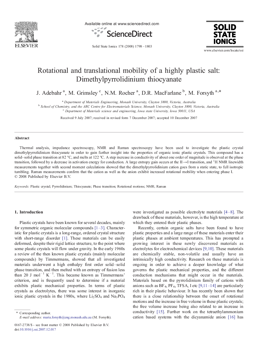 Rotational and translational mobility of a highly plastic salt: Dimethylpyrrolidinium thiocyanate