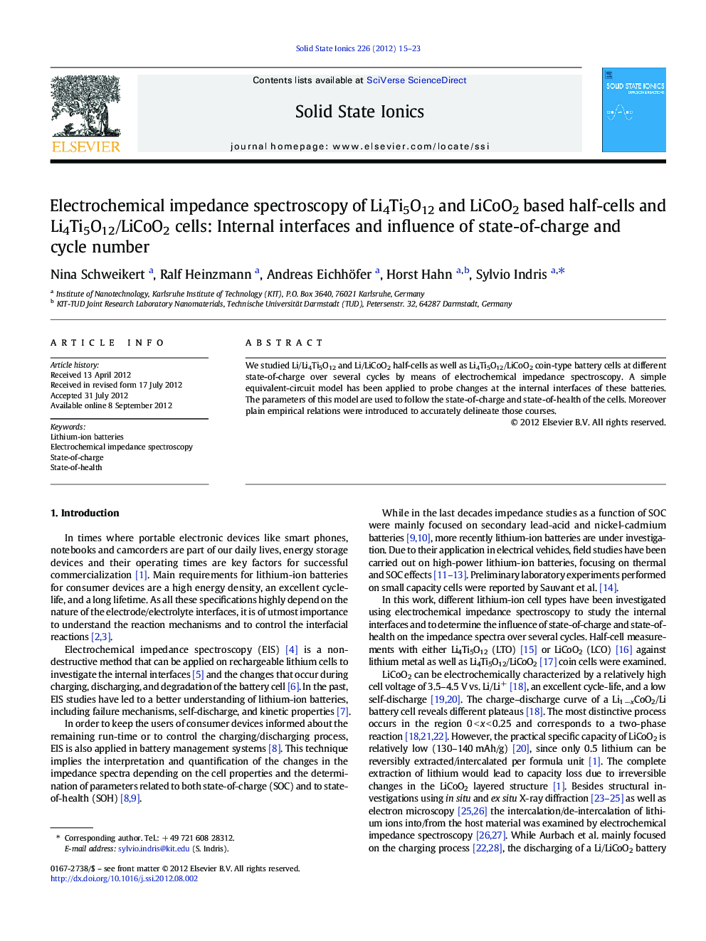 Electrochemical impedance spectroscopy of Li4Ti5O12 and LiCoO2 based half-cells and Li4Ti5O12/LiCoO2 cells: Internal interfaces and influence of state-of-charge and cycle number