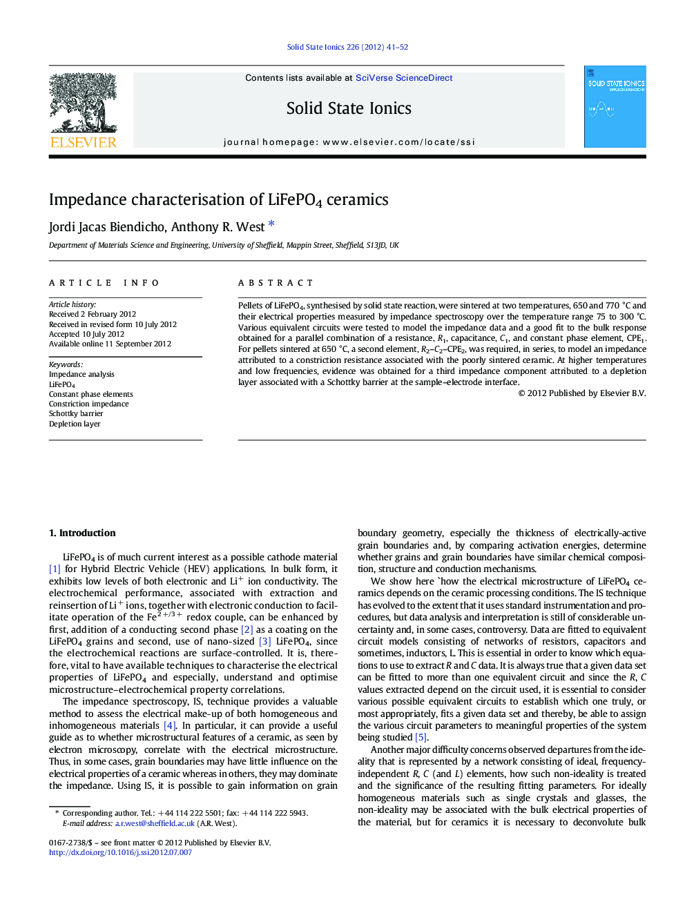 Impedance characterisation of LiFePO4 ceramics