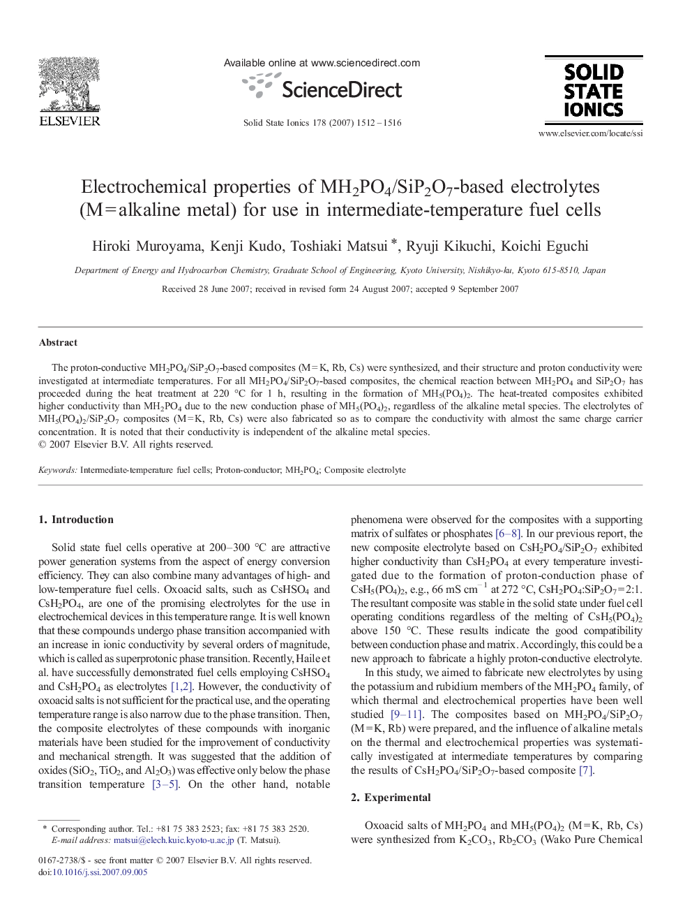 Electrochemical properties of MH2PO4/SiP2O7-based electrolytes (M = alkaline metal) for use in intermediate-temperature fuel cells