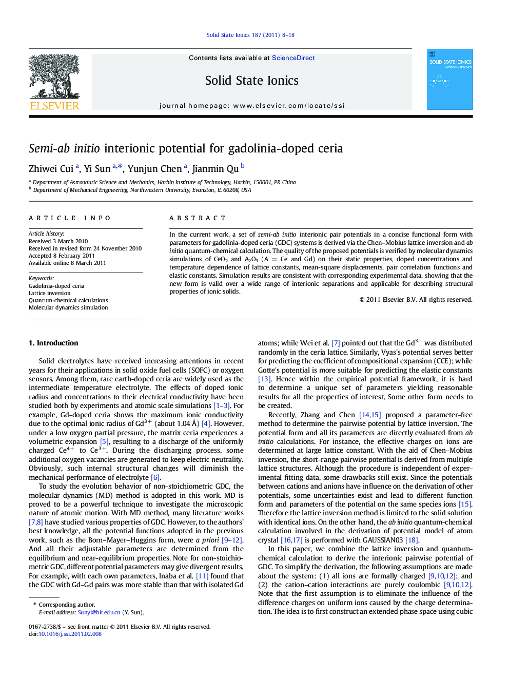 Semi-ab initio interionic potential for gadolinia-doped ceria