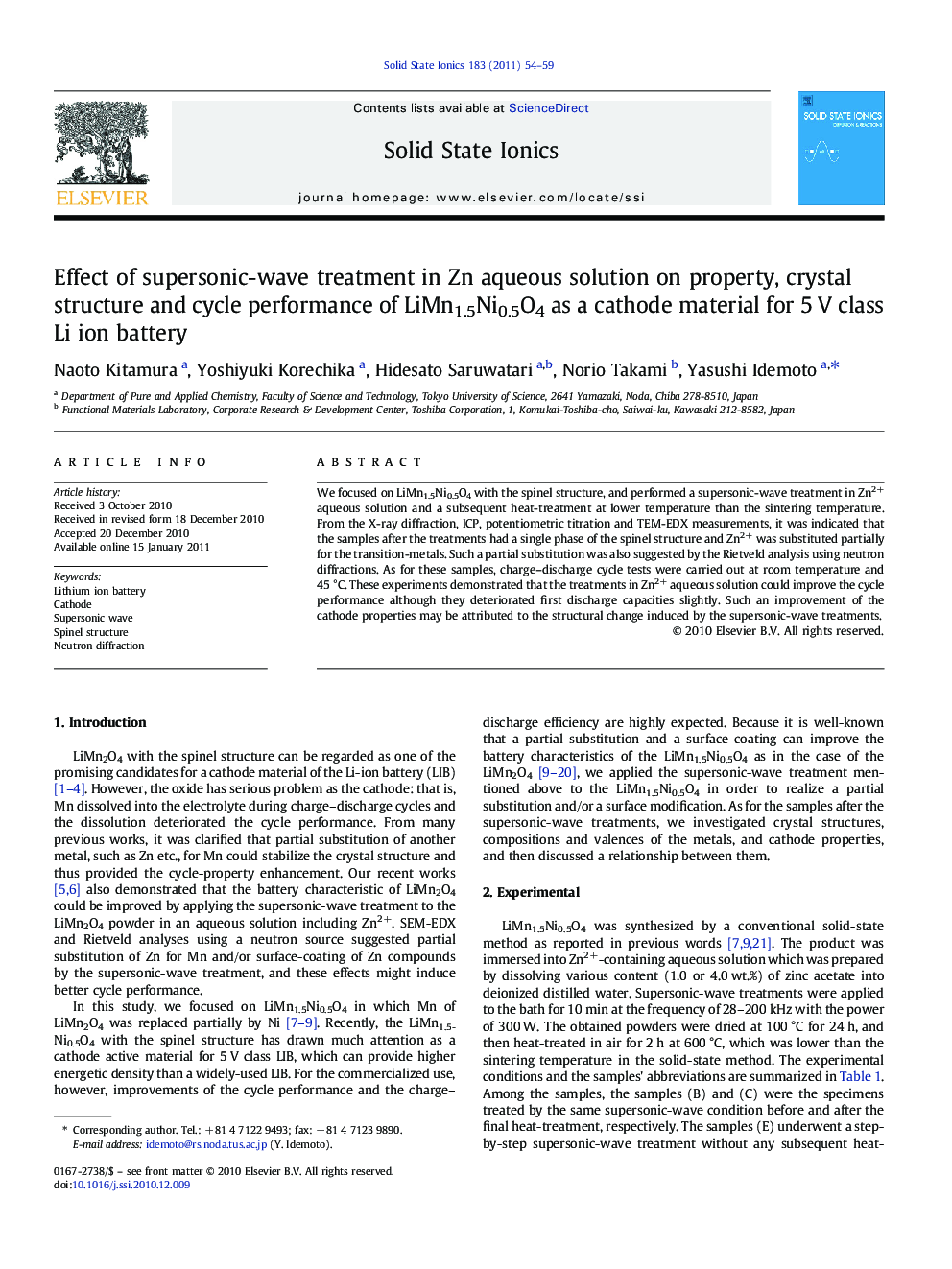 Effect of supersonic-wave treatment in Zn aqueous solution on property, crystal structure and cycle performance of LiMn1.5Ni0.5O4 as a cathode material for 5 V class Li ion battery