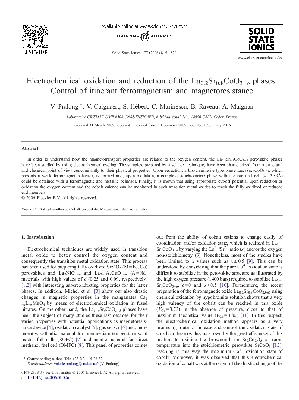 Electrochemical oxidation and reduction of the La0.2Sr0.8CoO3−δ phases: Control of itinerant ferromagnetism and magnetoresistance