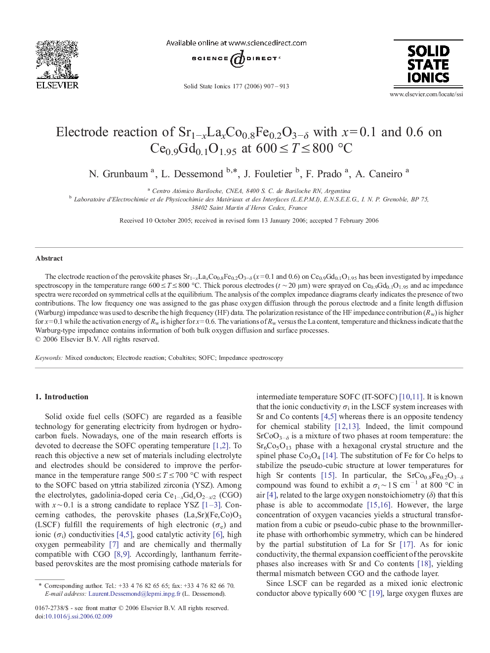 Electrode reaction of Sr1−xLaxCo0.8Fe0.2O3−δ with x = 0.1 and 0.6 on Ce0.9Gd0.1O1.95 at 600 ≤ T ≤ 800 °C