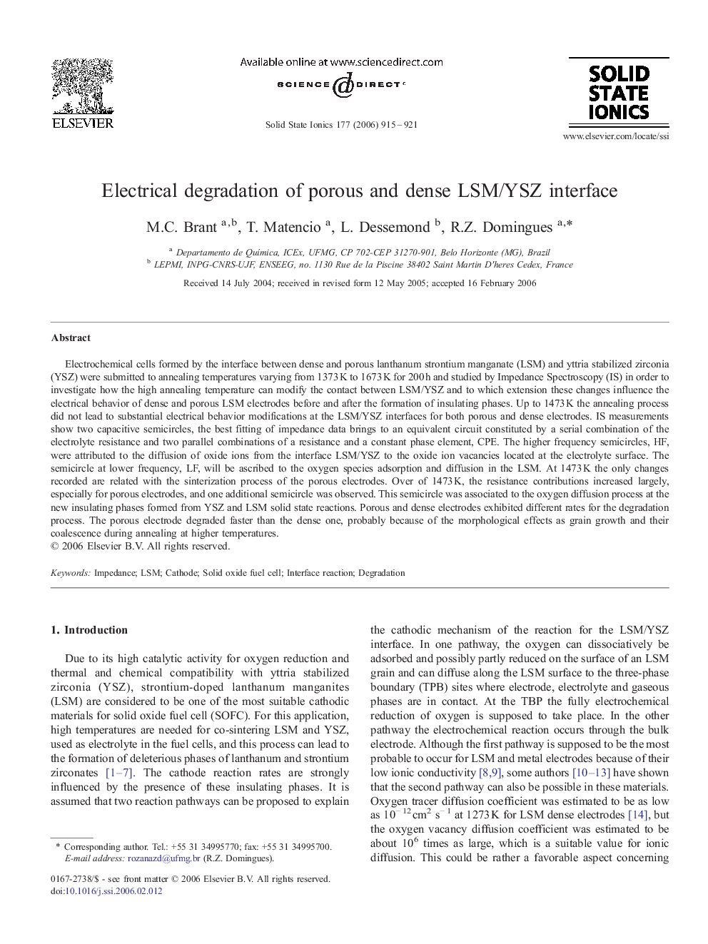عکس صفحه اول مقاله: Electrical degradation of porous and dense LSM/YSZ interface Electrical degradation of porous and dense LSM/YSZ interface