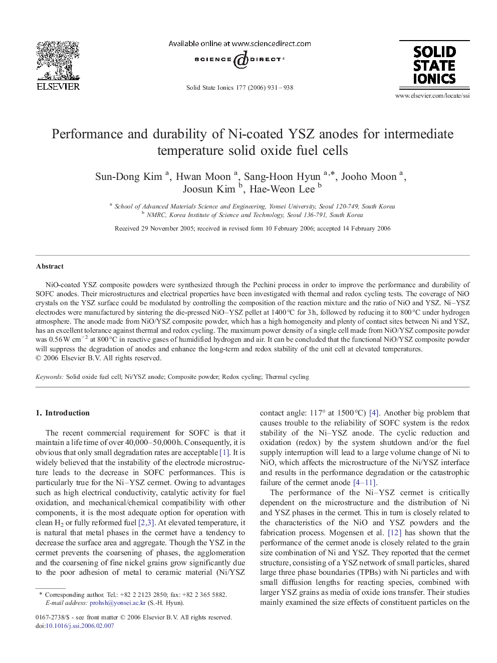 Performance and durability of Ni-coated YSZ anodes for intermediate temperature solid oxide fuel cells