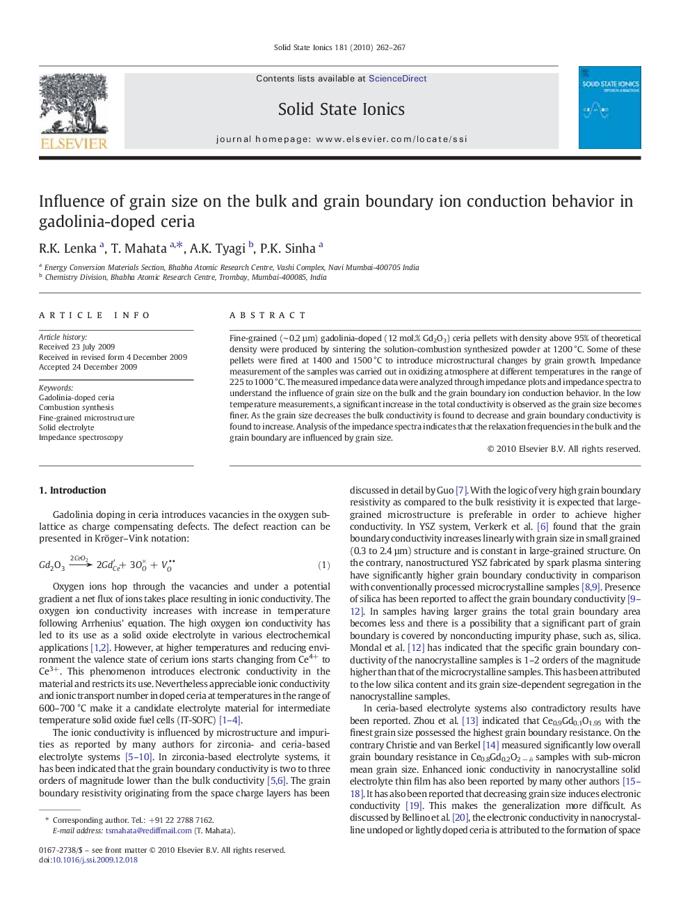 Influence of grain size on the bulk and grain boundary ion conduction behavior in gadolinia-doped ceria