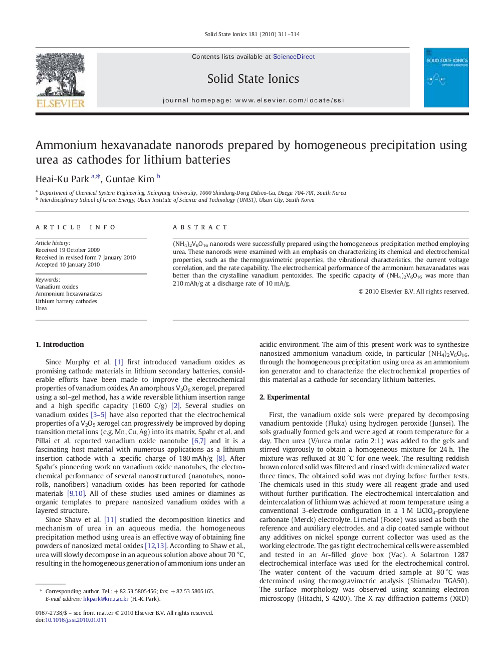 Ammonium hexavanadate nanorods prepared by homogeneous precipitation using urea as cathodes for lithium batteries