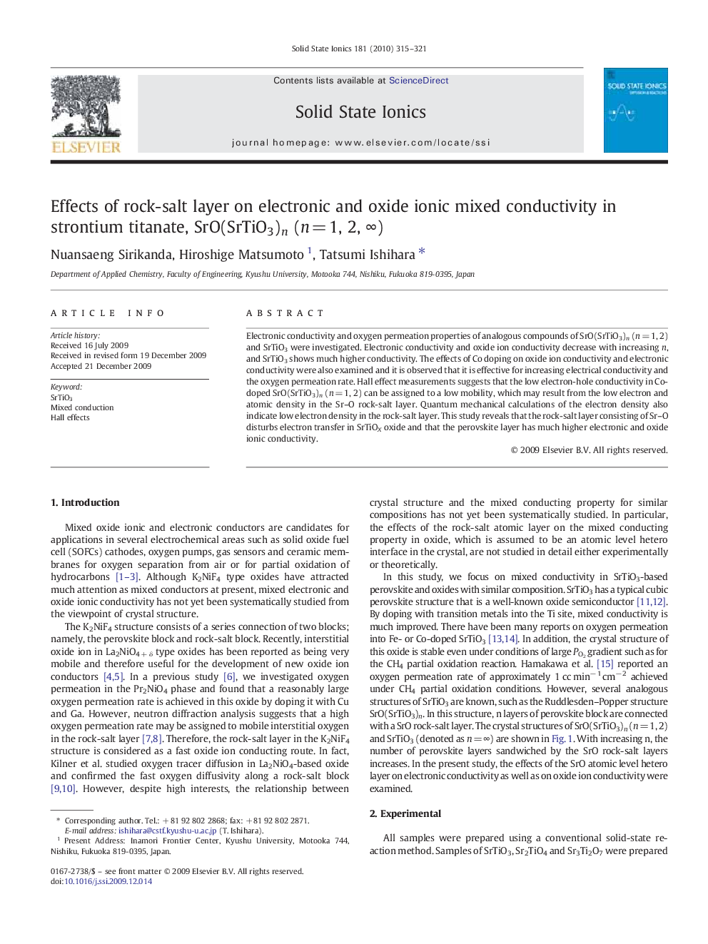 Effects of rock-salt layer on electronic and oxide ionic mixed conductivity in strontium titanate, SrO(SrTiO3)n (nÂ =Â 1, 2, â)