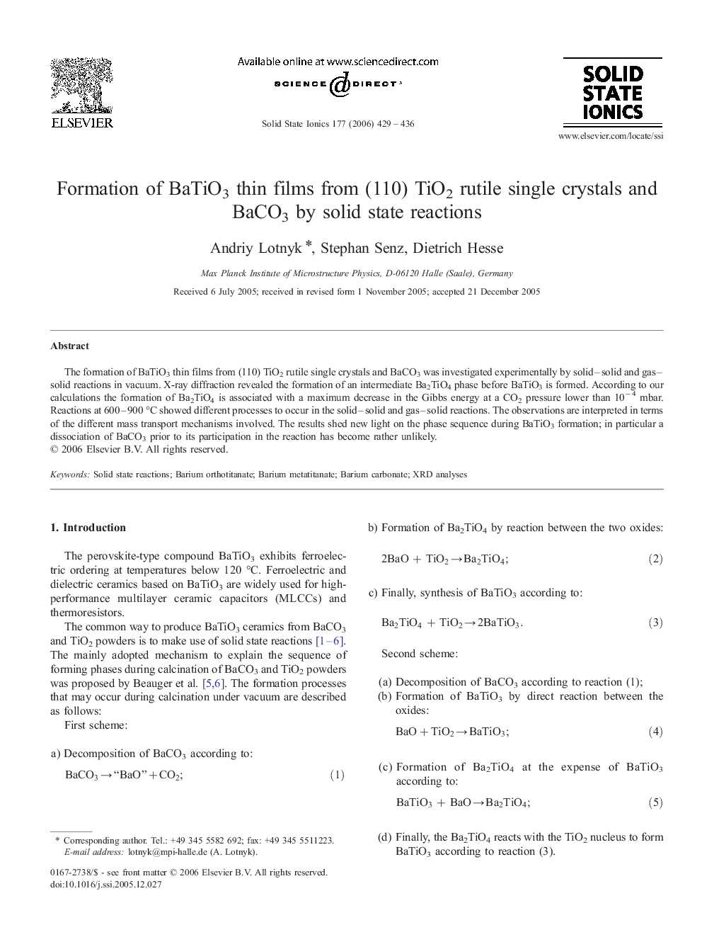 Formation of BaTiO3 thin films from (110) TiO2 rutile single crystals and BaCO3 by solid state reactions