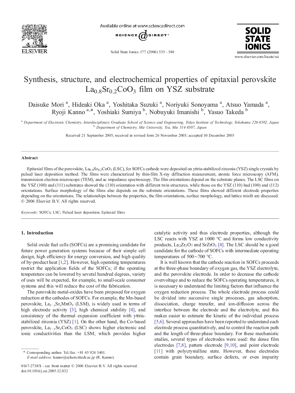 Synthesis, structure, and electrochemical properties of epitaxial perovskite La0.8Sr0.2CoO3 film on YSZ substrate