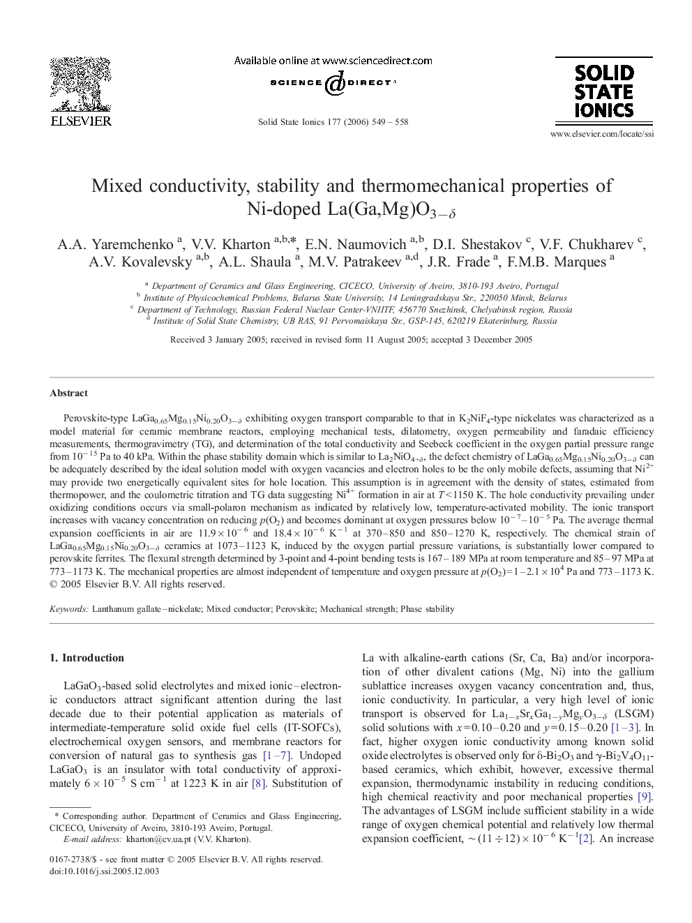 عکس صفحه اول مقاله: Mixed conductivity, stability and thermomechanical properties of Ni-doped La(Ga,Mg)O3−δ Mixed conductivity, stability and thermomechanical properties of Ni-doped La(Ga,Mg)O3−δ