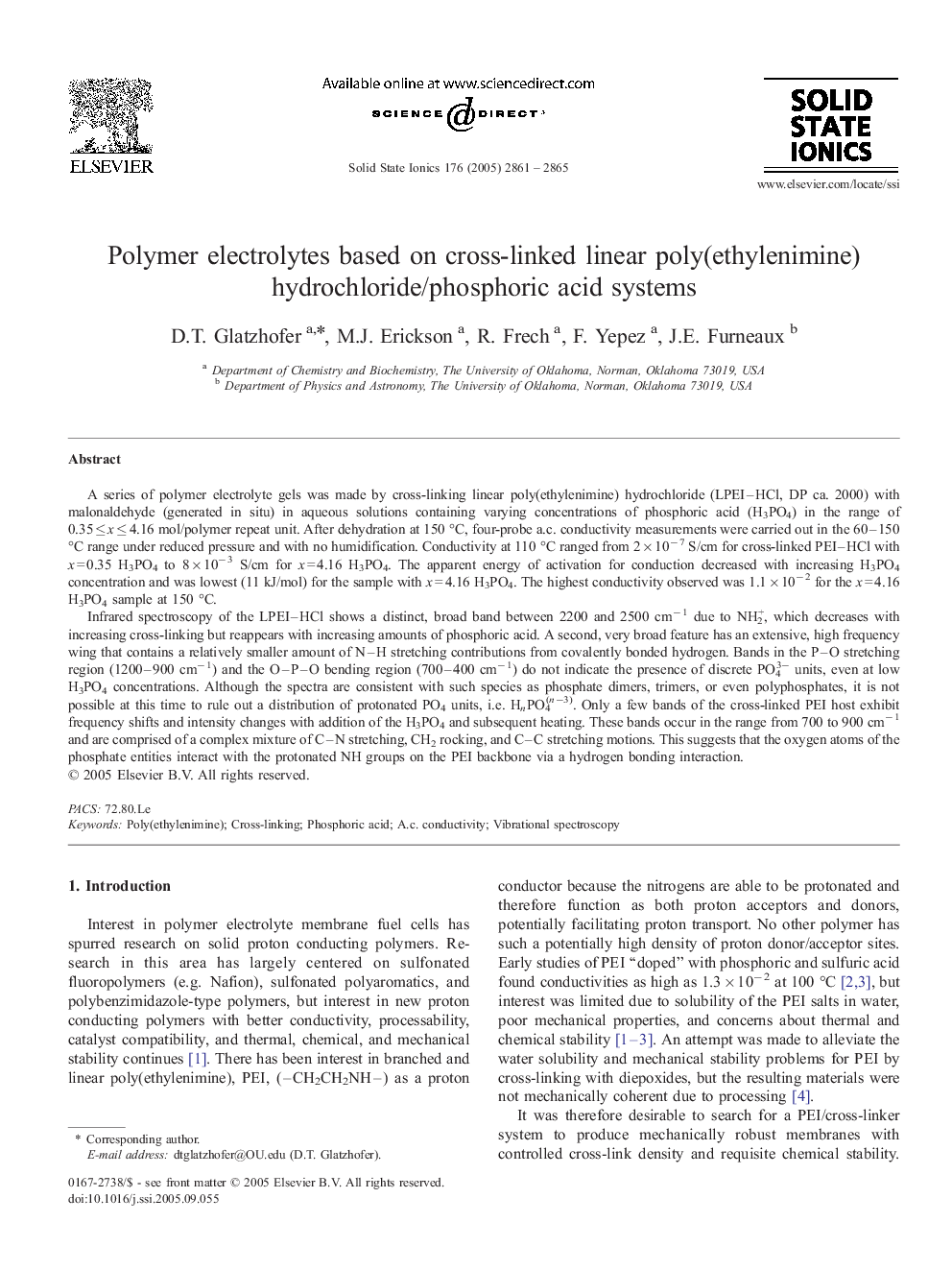 Polymer electrolytes based on cross-linked linear poly(ethylenimine) hydrochloride/phosphoric acid systems