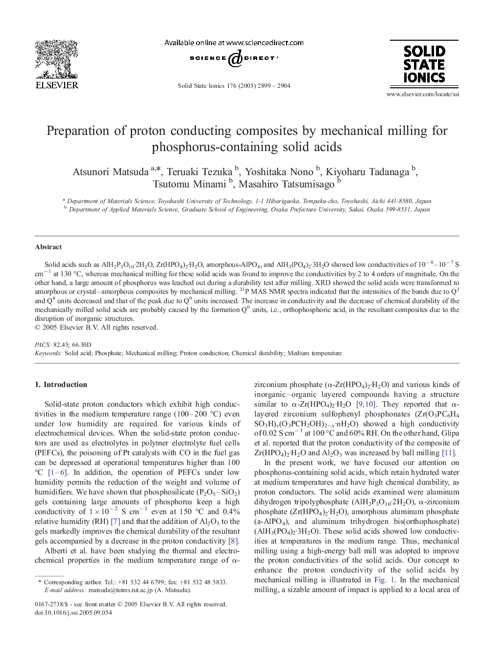 Preparation of proton conducting composites by mechanical milling for phosphorus-containing solid acids