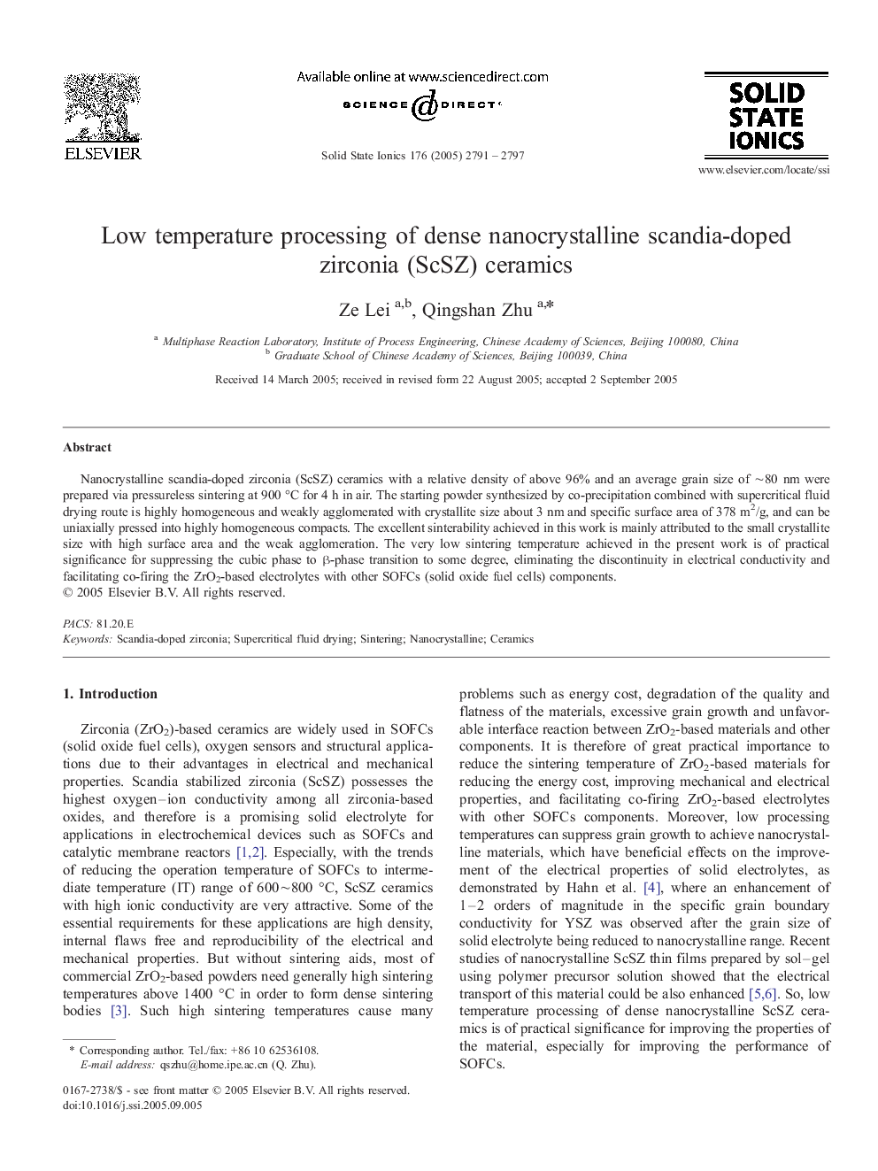 Low temperature processing of dense nanocrystalline scandia-doped zirconia (ScSZ) ceramics
