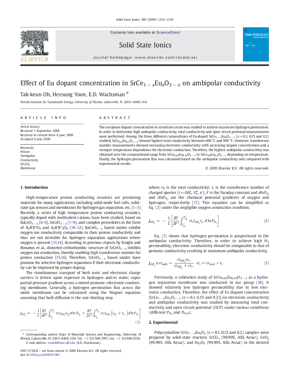 Effect of Eu dopant concentration in SrCe1 − xEuxO3 − δ on ambipolar conductivity