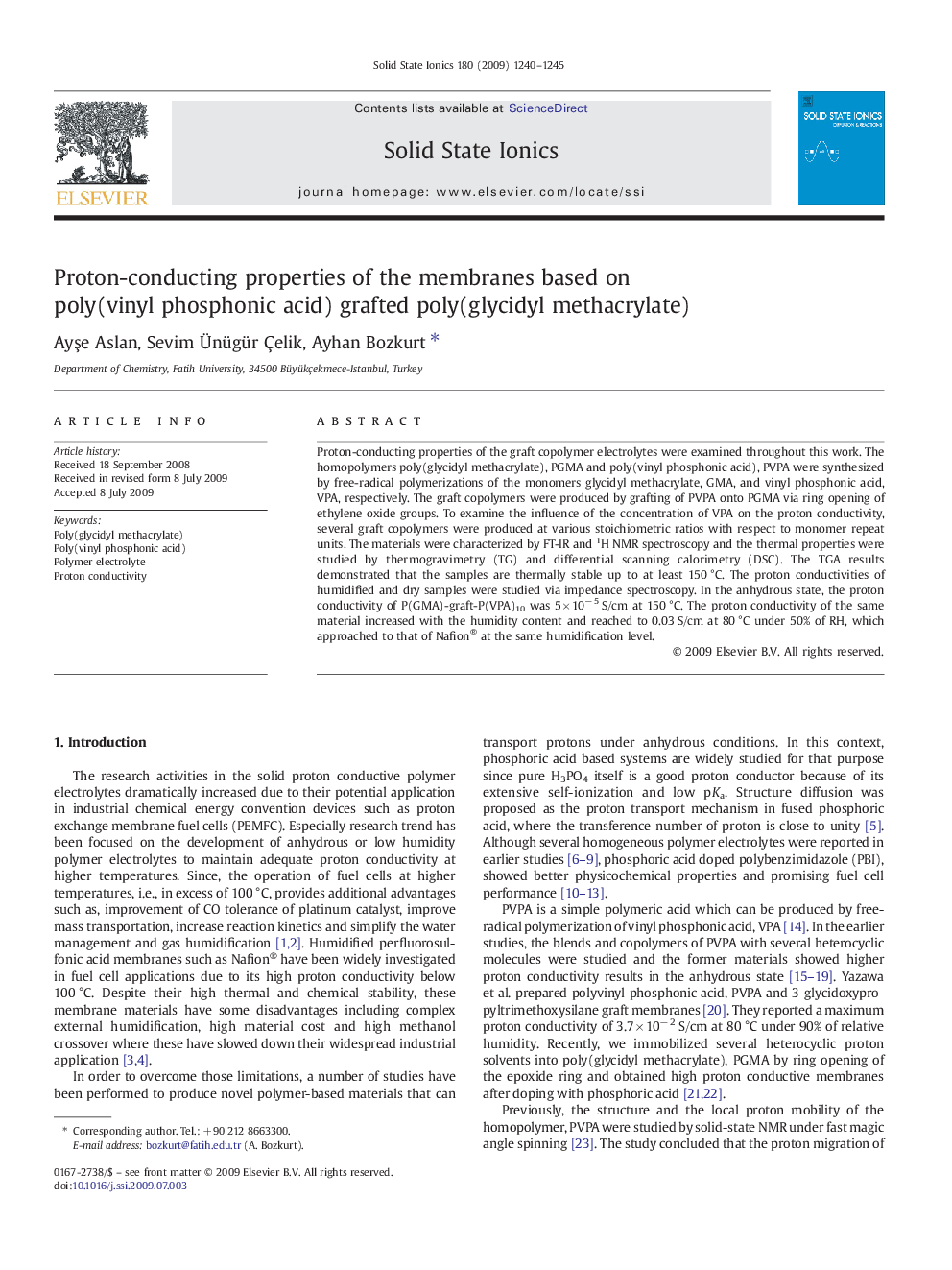 Proton-conducting properties of the membranes based on poly(vinyl phosphonic acid) grafted poly(glycidyl methacrylate)