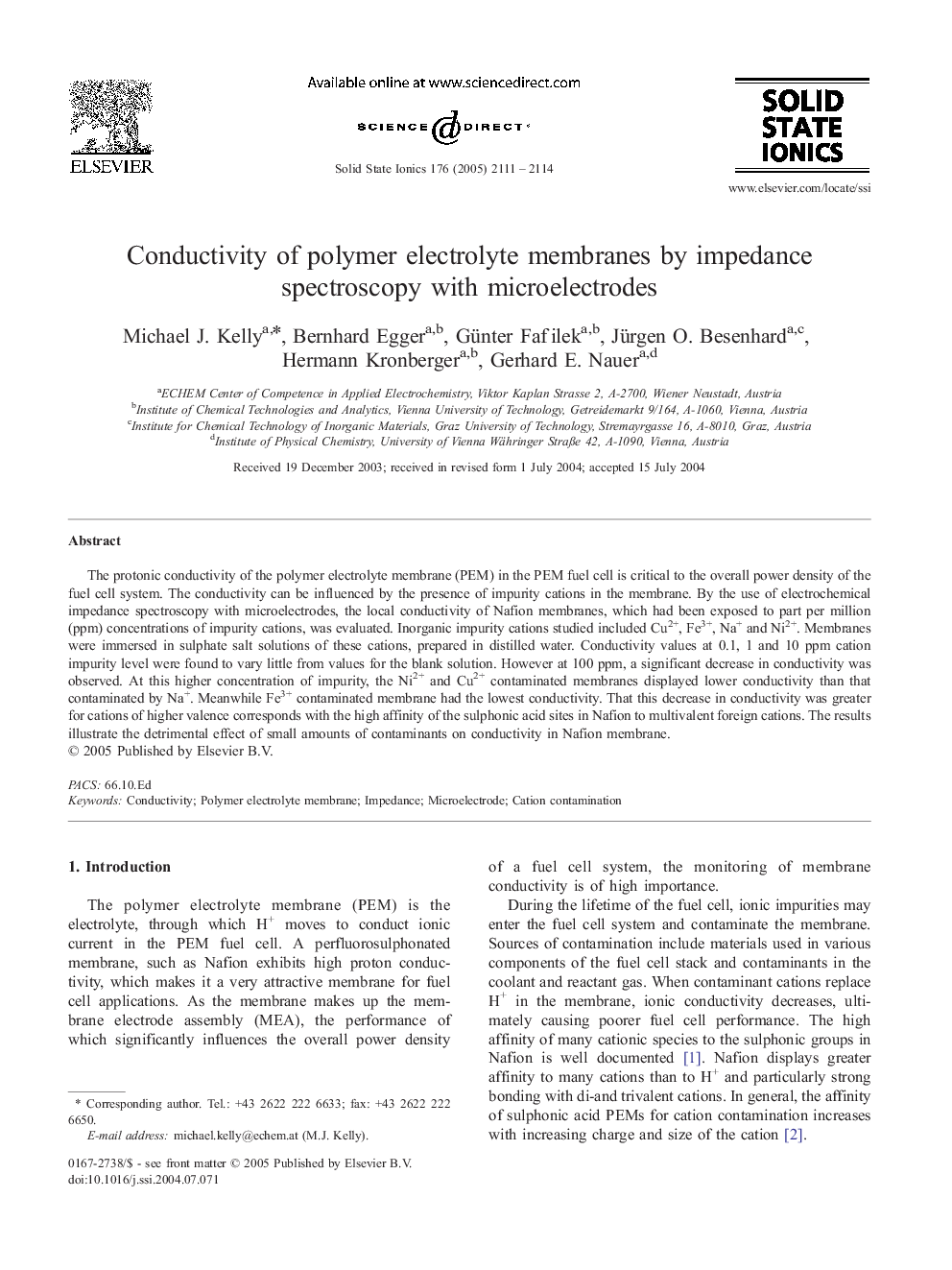 Conductivity of polymer electrolyte membranes by impedance spectroscopy with microelectrodes