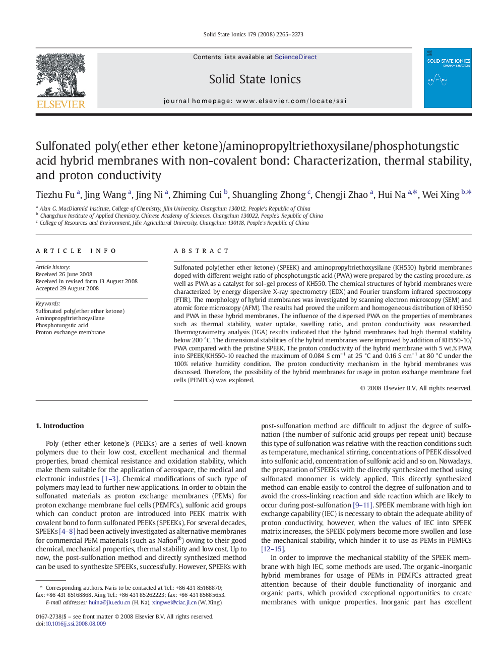 Sulfonated poly(ether ether ketone)/aminopropyltriethoxysilane/phosphotungstic acid hybrid membranes with non-covalent bond: Characterization, thermal stability, and proton conductivity