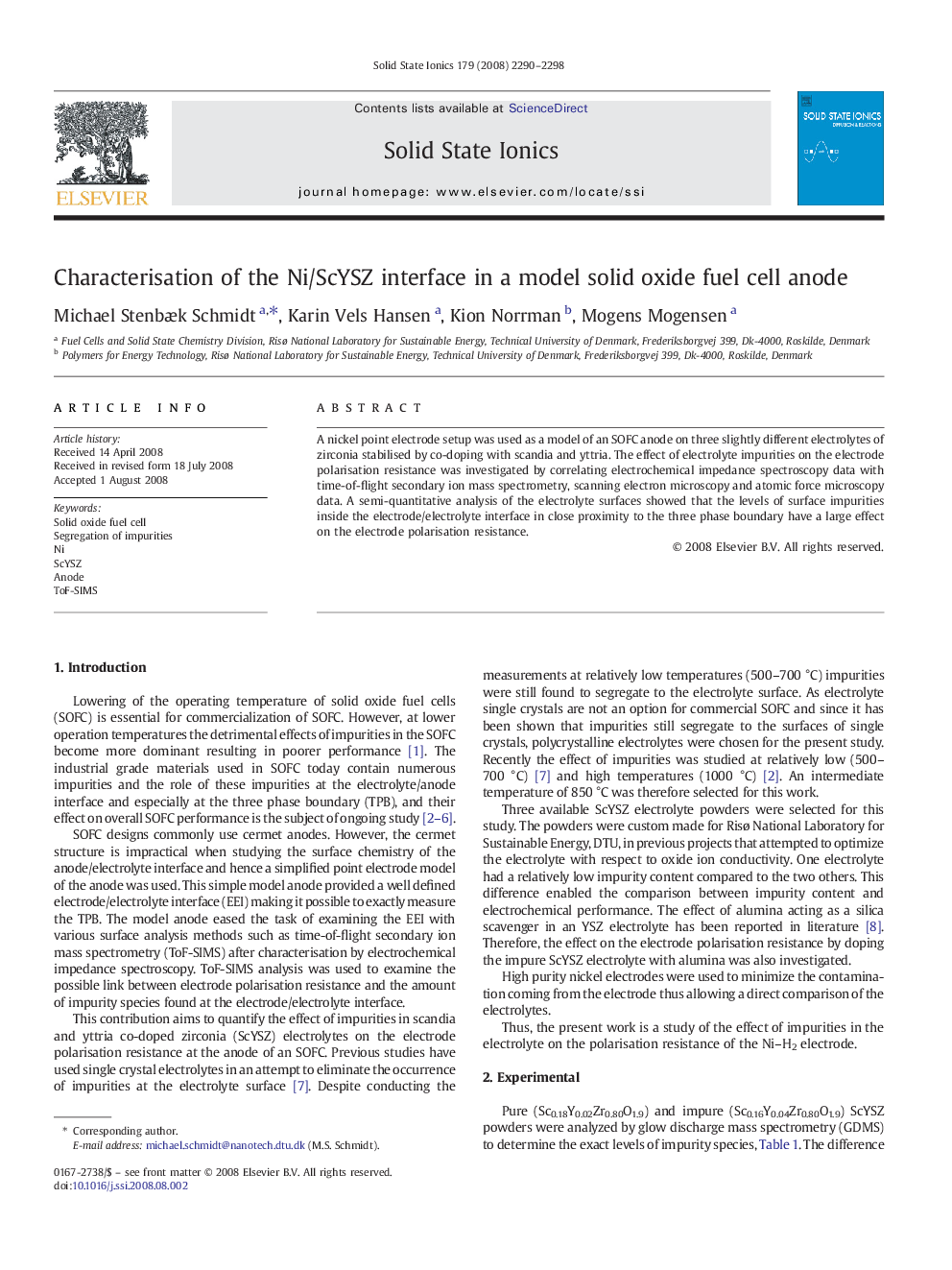 Characterisation of the Ni/ScYSZ interface in a model solid oxide fuel cell anode