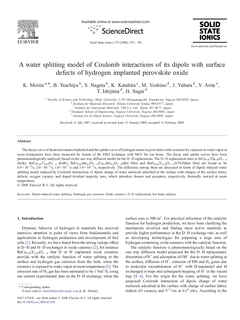 A water splitting model of Coulomb interactions of its dipole with surface defects of hydrogen implanted perovskite oxide