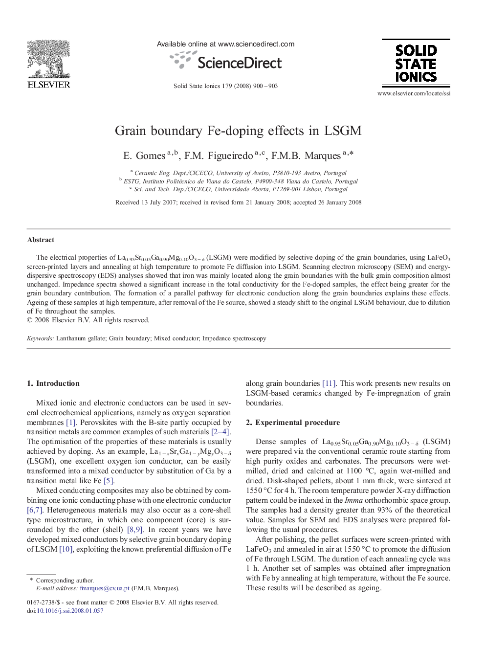 Grain boundary Fe-doping effects in LSGM