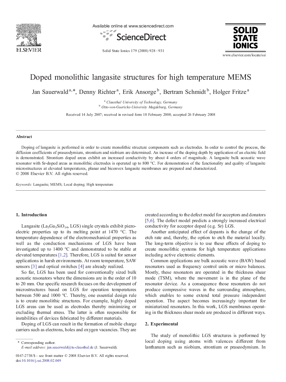 Doped monolithic langasite structures for high temperature MEMS