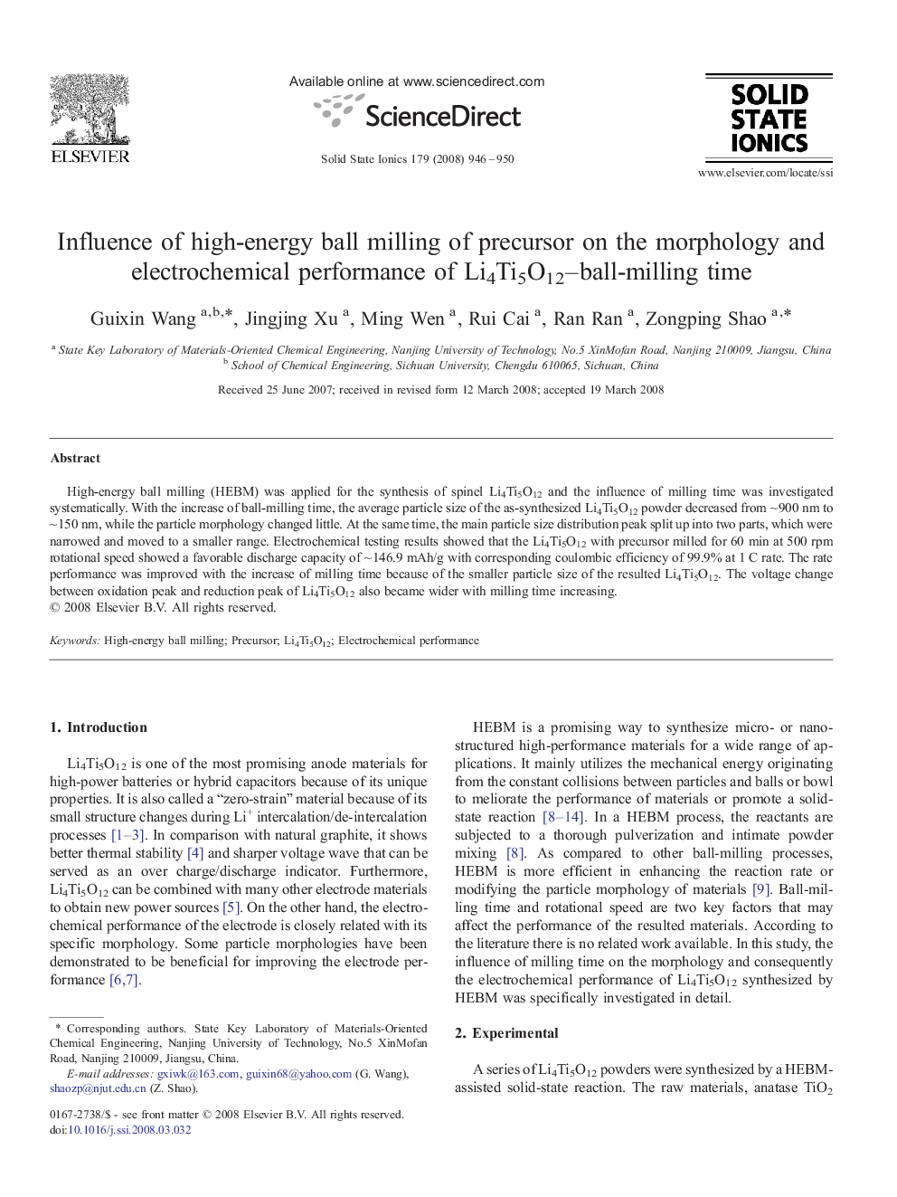 Influence of high-energy ball milling of precursor on the morphology and electrochemical performance of Li4Ti5O12–ball-milling time