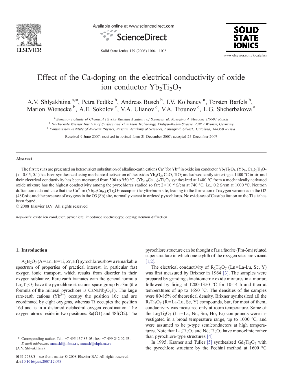 Effect of the Ca-doping on the electrical conductivity of oxide ion conductor Yb2Ti2O7