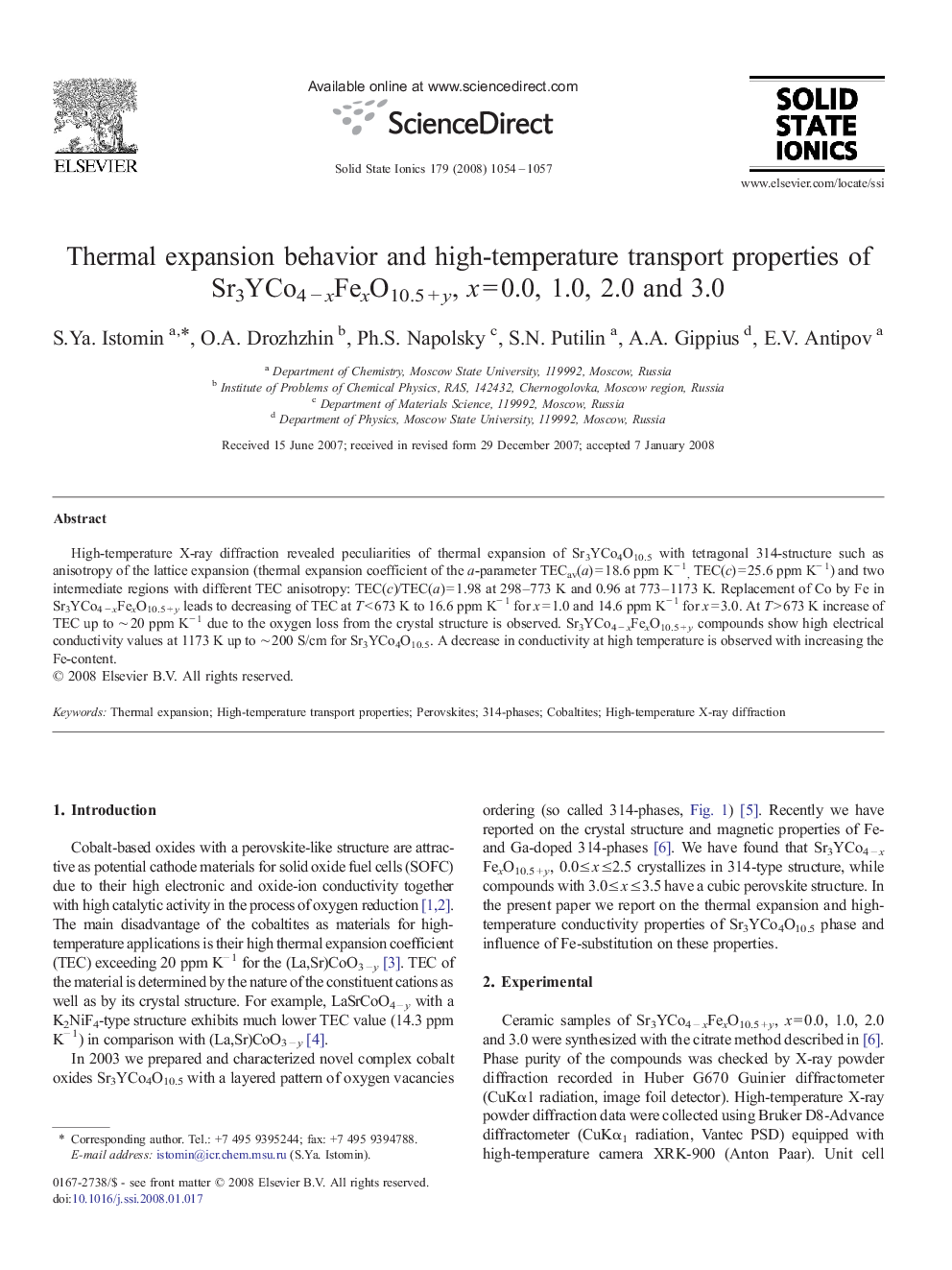 Thermal expansion behavior and high-temperature transport properties of Sr3YCo4Â âÂ xFexO10.5Â +Â y, xÂ =Â 0.0, 1.0, 2.0 and 3.0