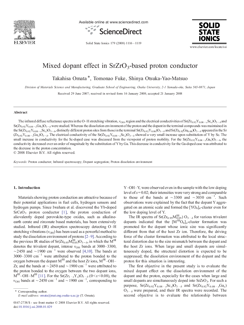 Mixed dopant effect in SrZrO3-based proton conductor