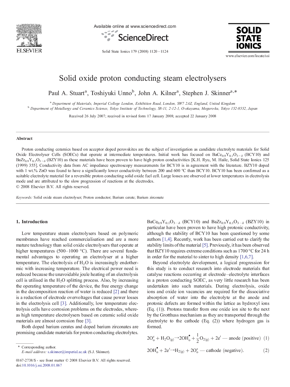 Solid oxide proton conducting steam electrolysers