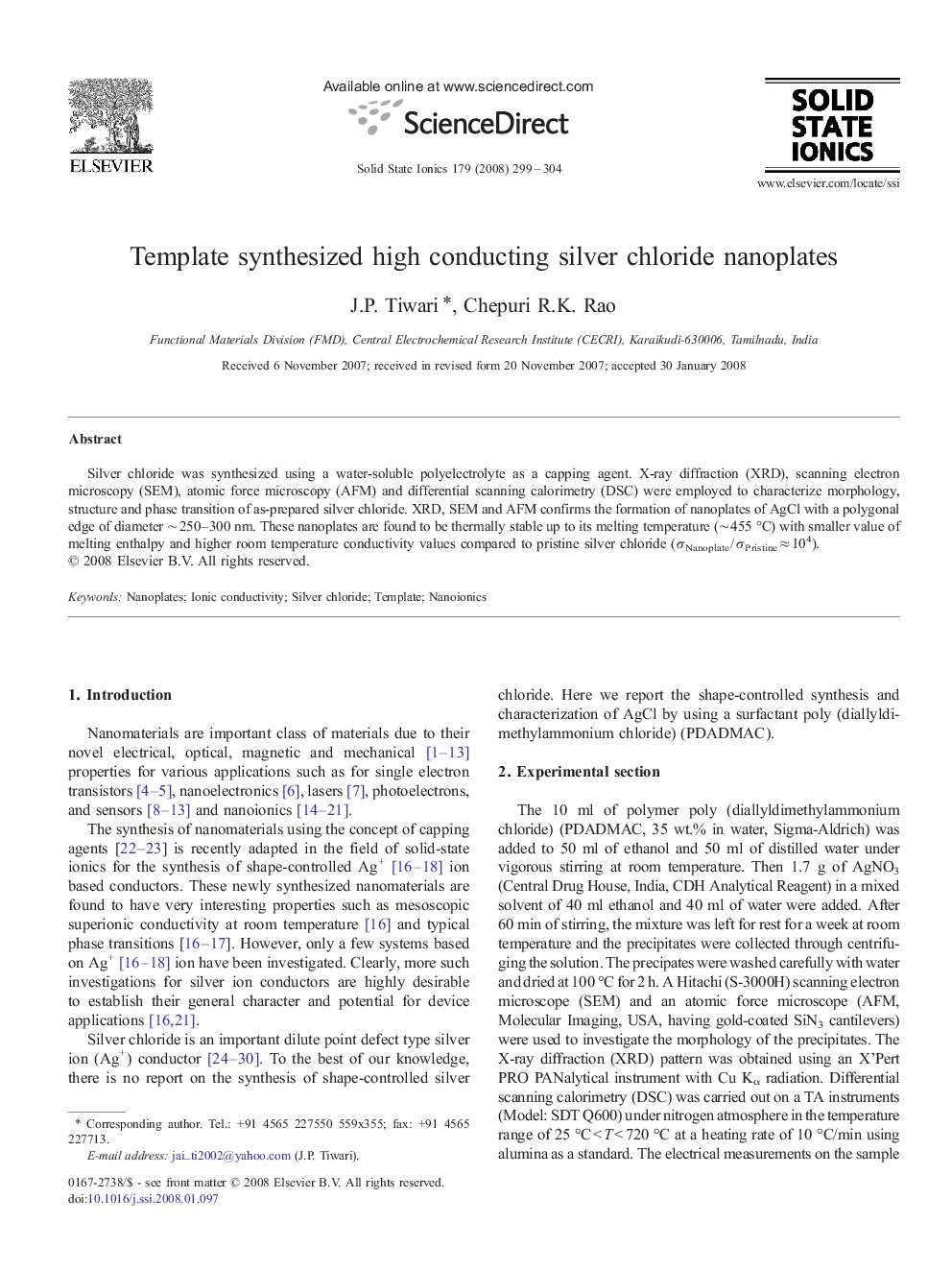 Template synthesized high conducting silver chloride nanoplates