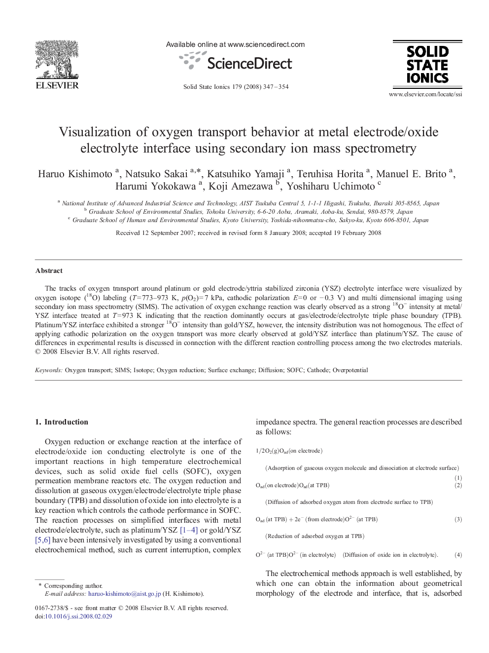 Visualization of oxygen transport behavior at metal electrode/oxide electrolyte interface using secondary ion mass spectrometry