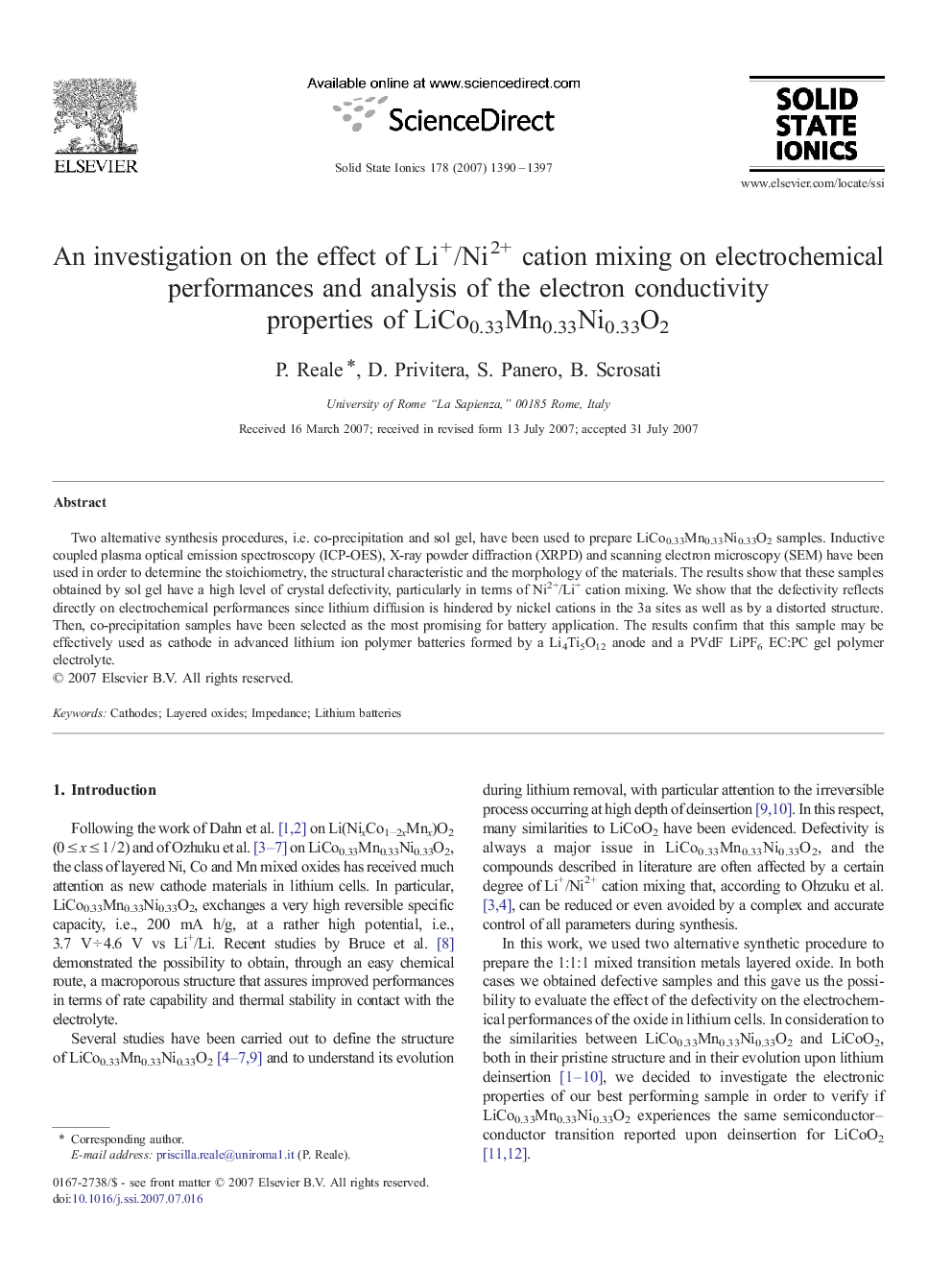 An investigation on the effect of Li+/Ni2+ cation mixing on electrochemical performances and analysis of the electron conductivity properties of LiCo0.33Mn0.33Ni0.33O2