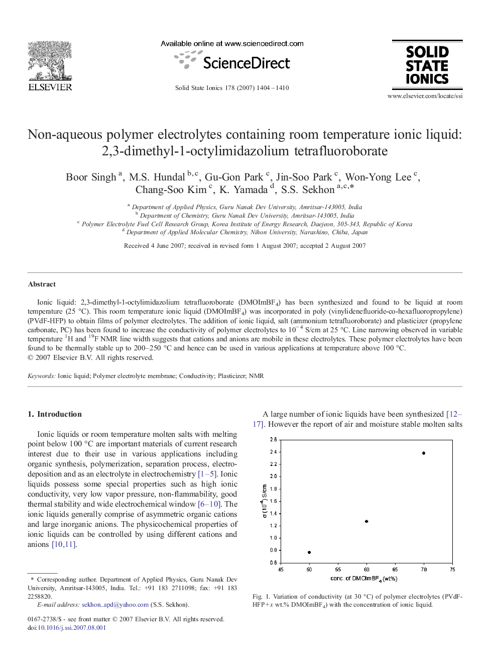 Non-aqueous polymer electrolytes containing room temperature ionic liquid: 2,3-dimethyl-1-octylimidazolium tetrafluoroborate