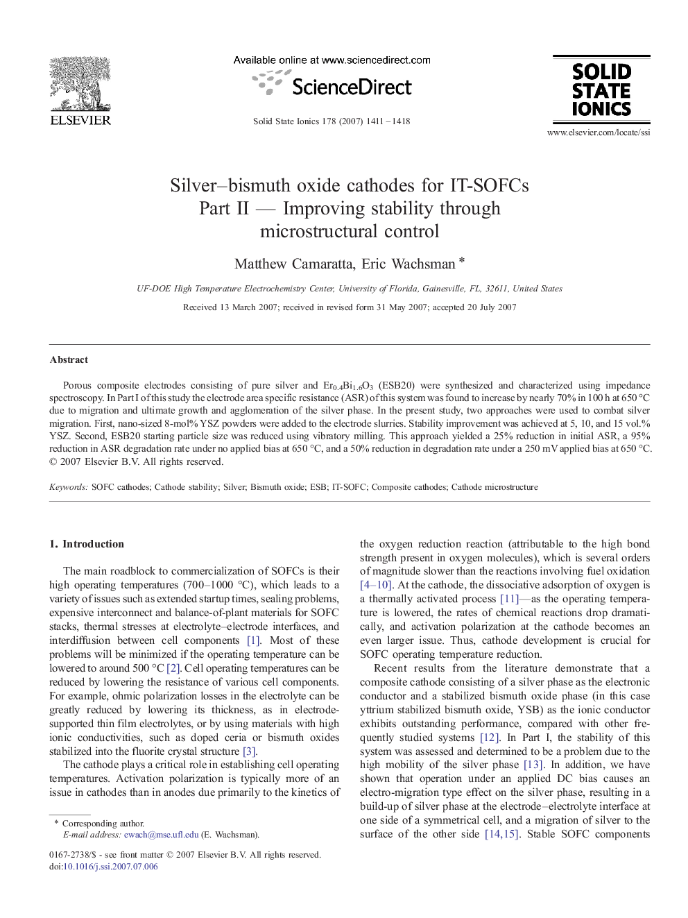 Silver–bismuth oxide cathodes for IT-SOFCs: Part II — Improving stability through microstructural control