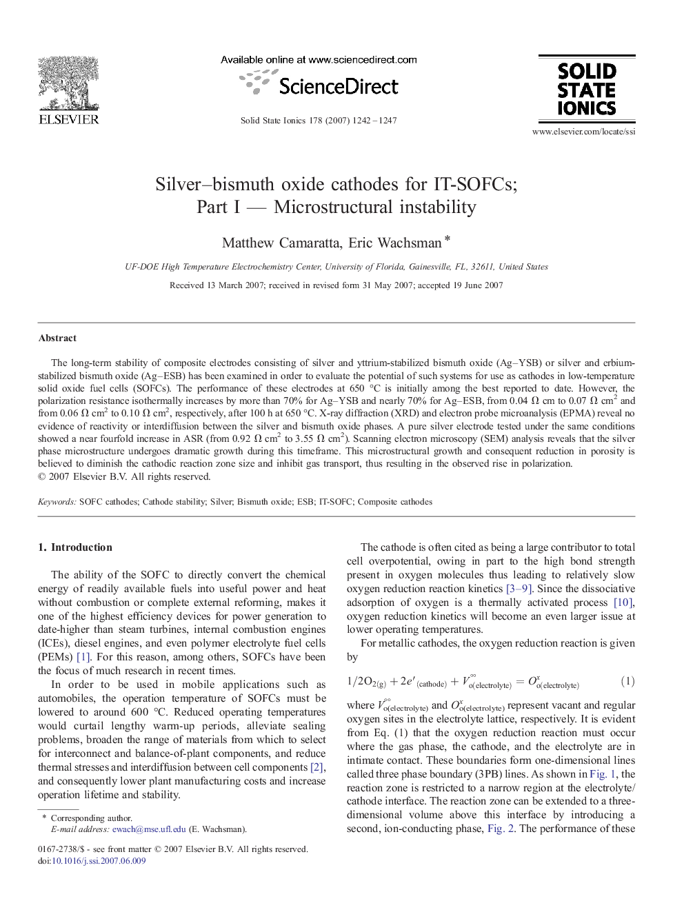 Silver–bismuth oxide cathodes for IT-SOFCs; Part I — Microstructural instability