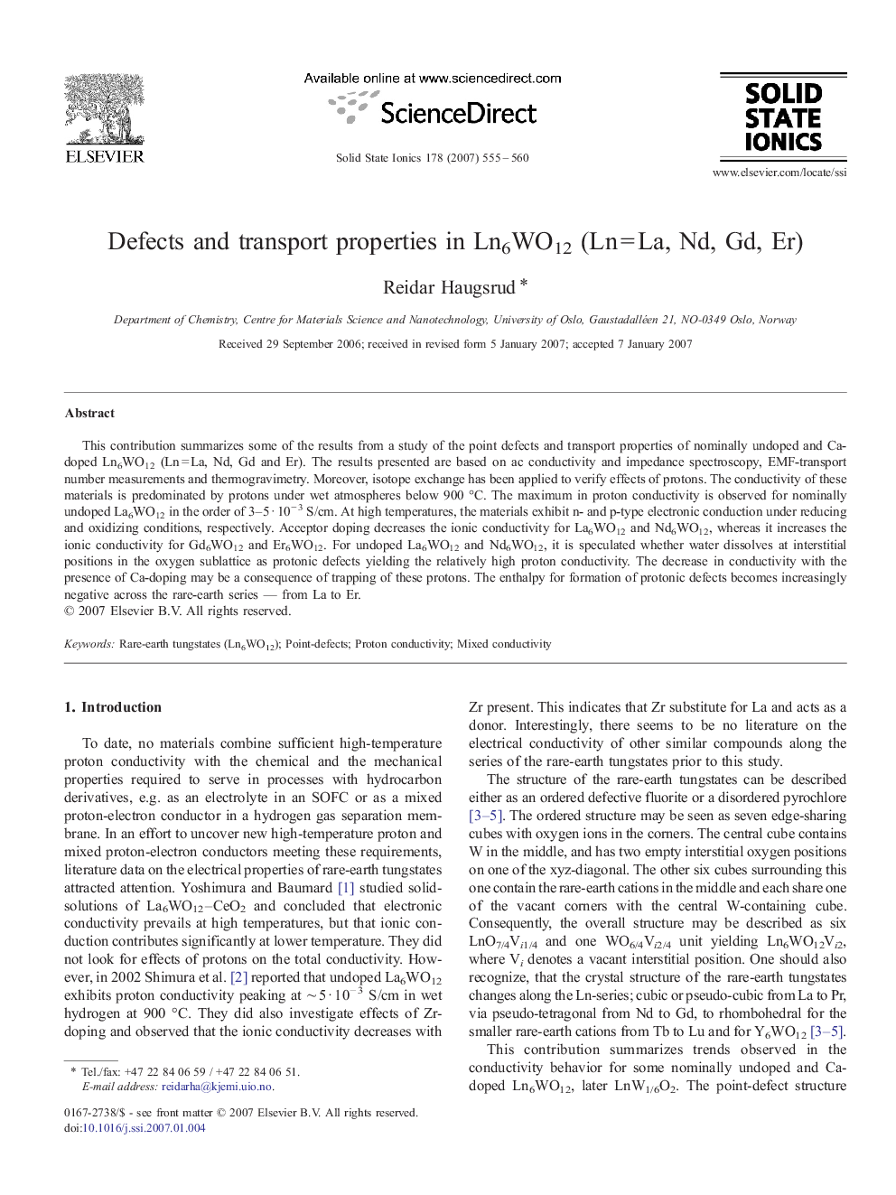 Defects and transport properties in Ln6WO12 (LnÂ =Â La, Nd, Gd, Er)