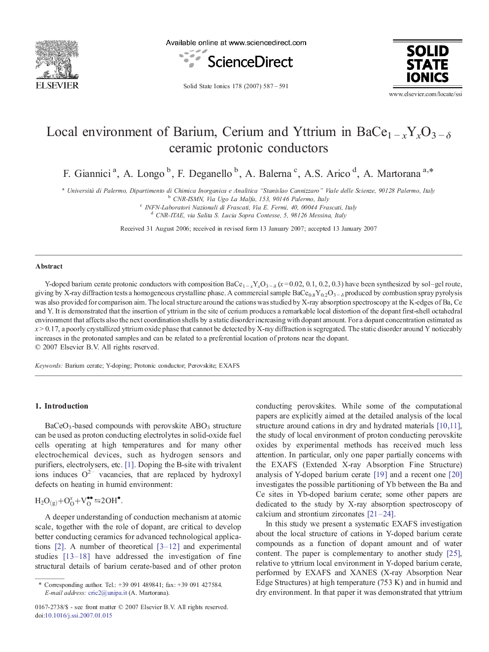 Local environment of Barium, Cerium and Yttrium in BaCe1 − xYxO3 − δ ceramic protonic conductors