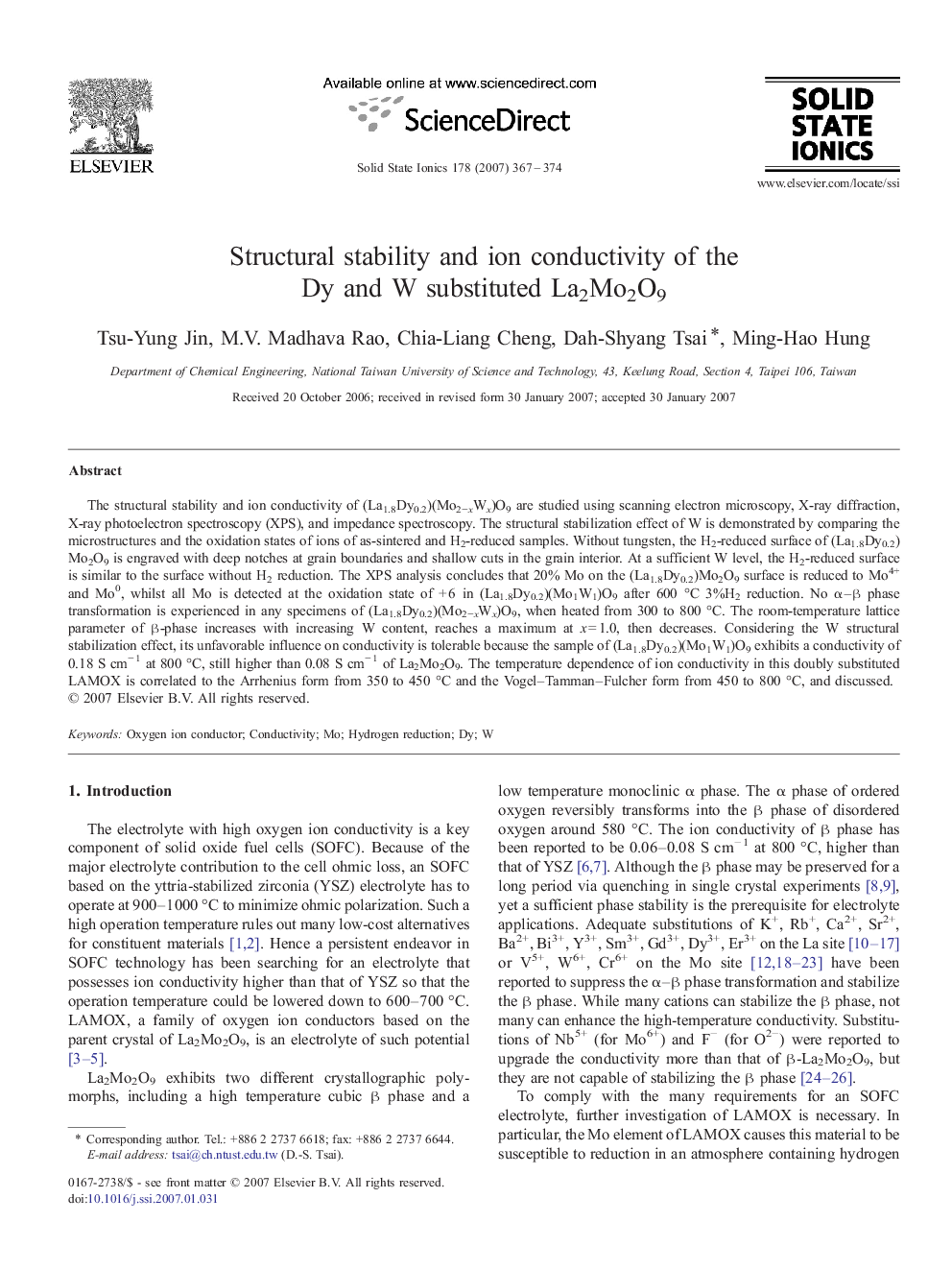 Structural stability and ion conductivity of the Dy and W substituted La2Mo2O9