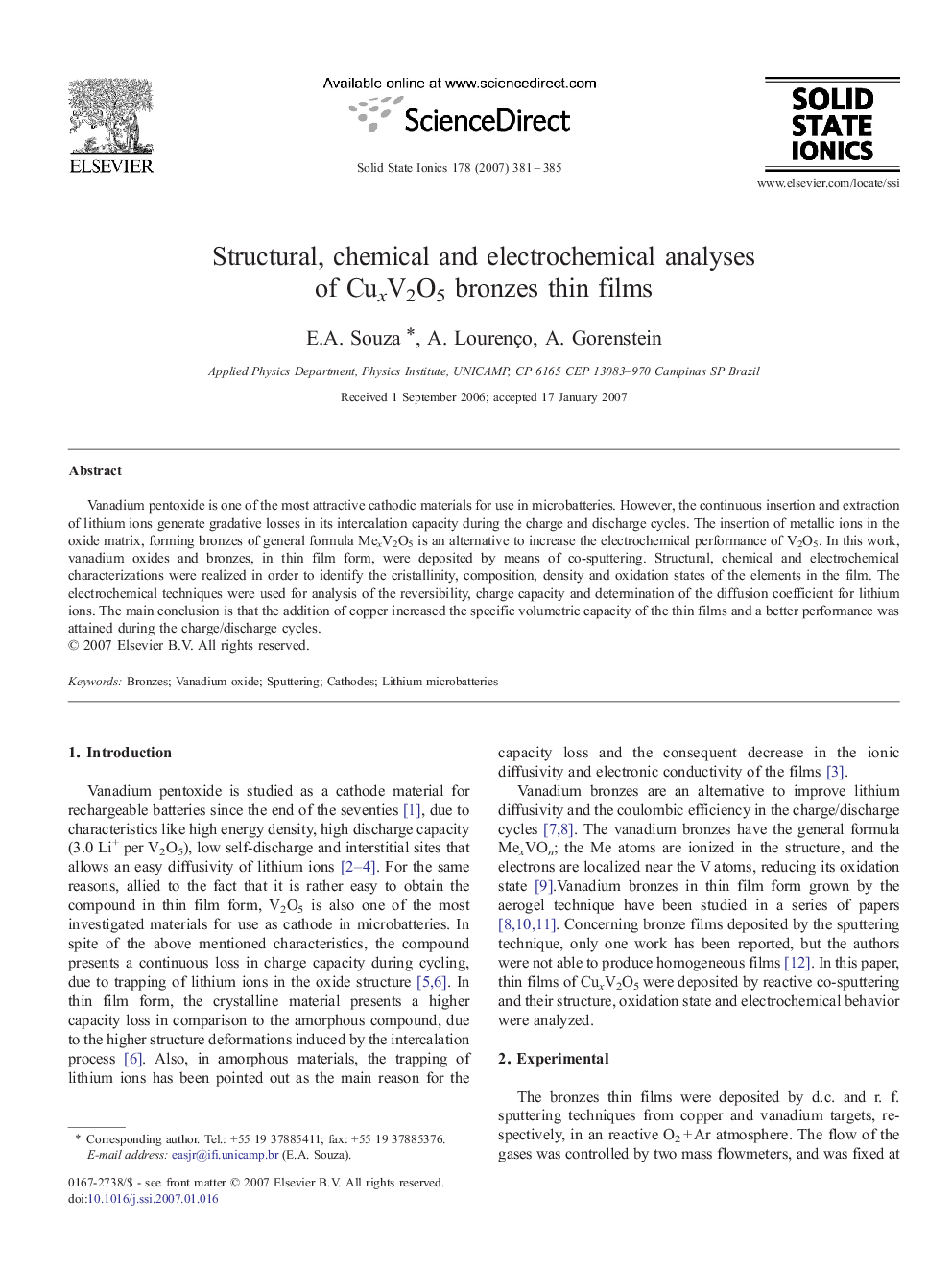 Structural, chemical and electrochemical analyses of CuxV2O5 bronzes thin films