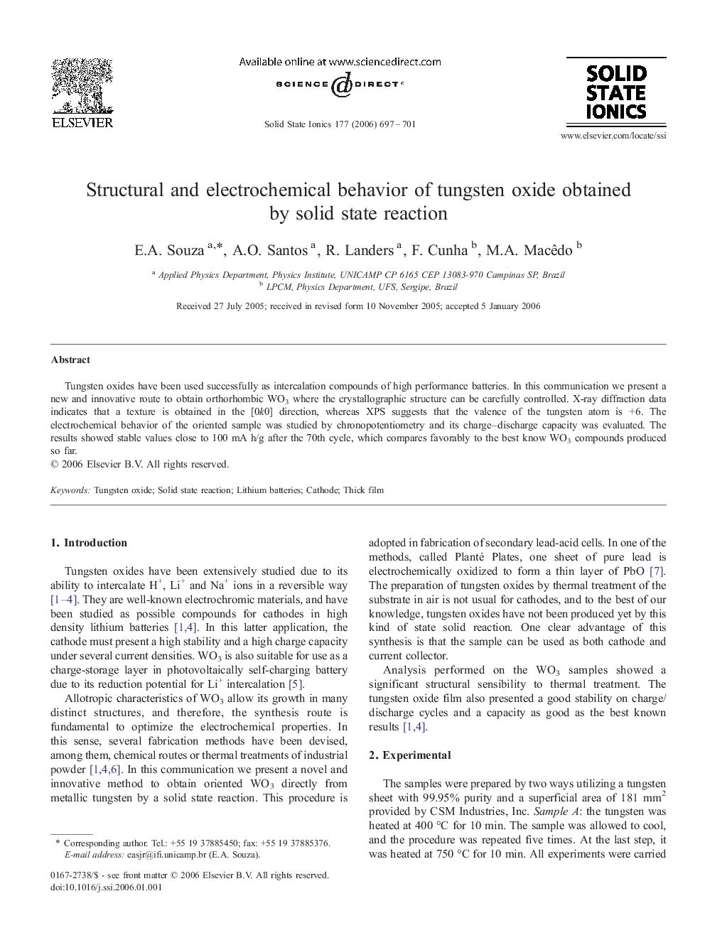 Structural and electrochemical behavior of tungsten oxide obtained by solid state reaction