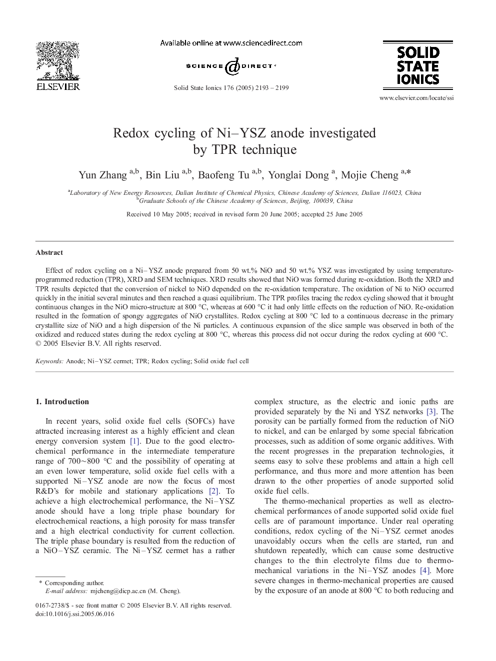 Redox cycling of Ni–YSZ anode investigated by TPR technique